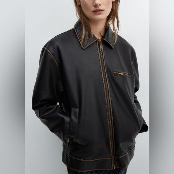 NEW Mango Oversized Worn-Effect Leather Jacket - Picture 6 of 17